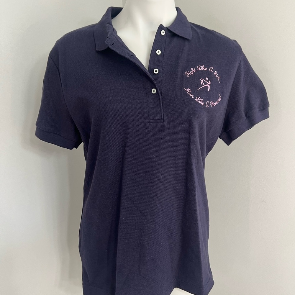 Navy Blue Polo Shirt with Pink Embroidery